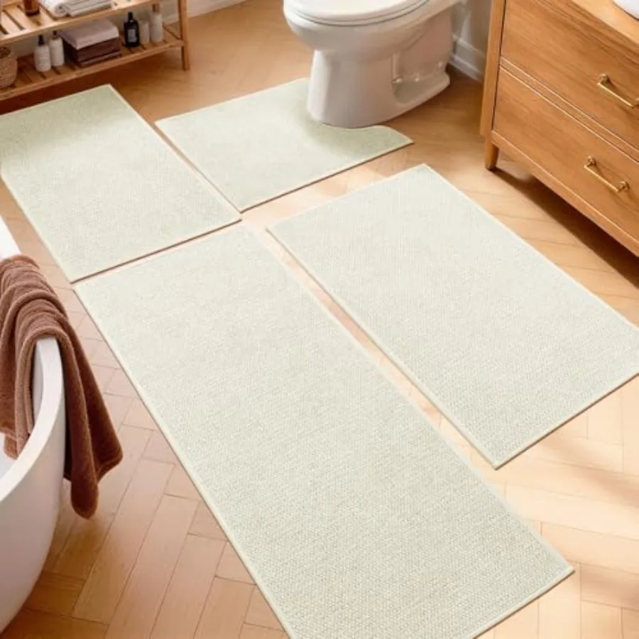 

Bathroom Rugs Sets 4 Pcs, Quick Dry Thin Bath Mat with Toilet Rug, Non Slip Absorbent Machine Washable, Bath Runner Rugs for Ba