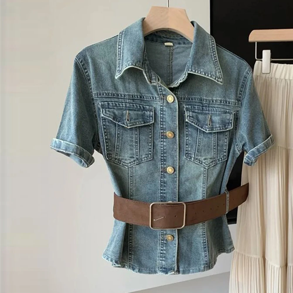 

Denim short-sleeved shirt 2026 summer new ins style loose and thin fashion design temperament versatile top