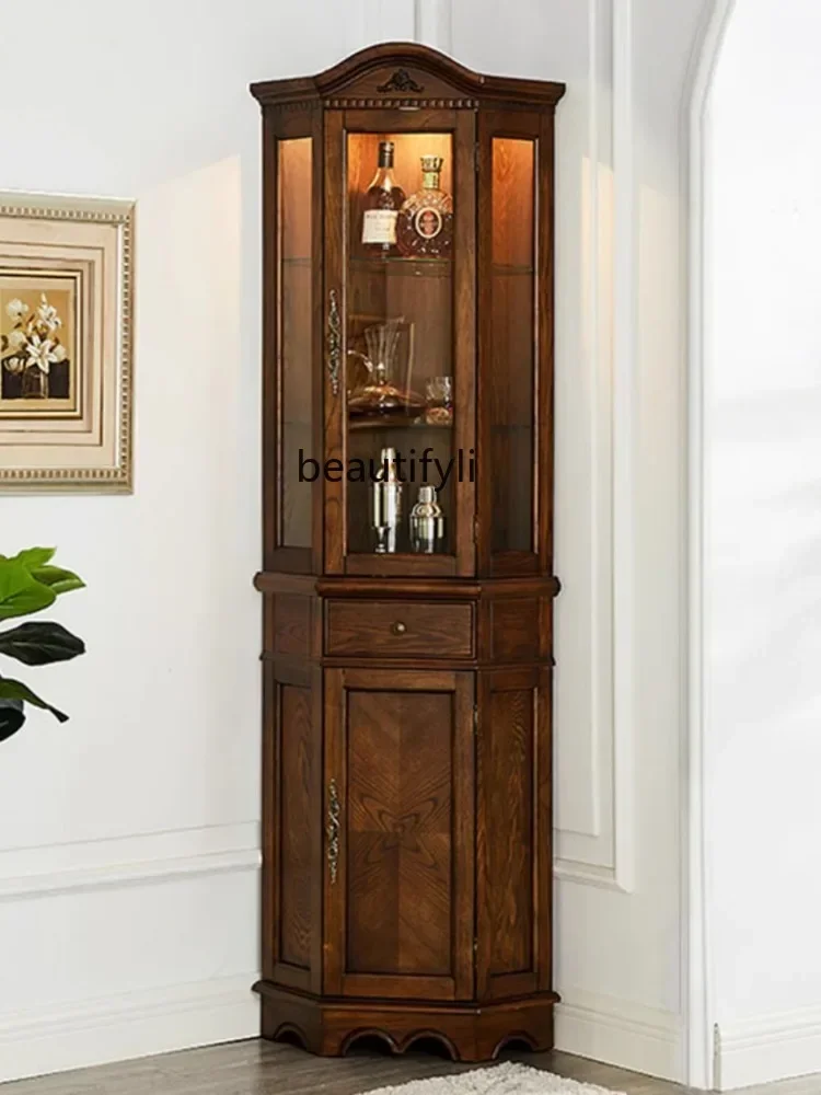 K185 American-Style Solid Wood Living Room with Lights  Corner Dining Room Glass Cabinet Wine Cabinet Triangle Storage Cabinet