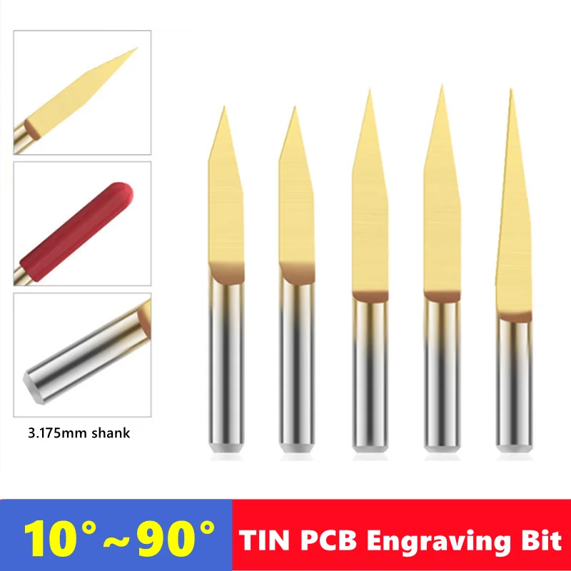 10pcs PCB Milling Cutter 10-90° V Shape Engraving Bit ，3.175mm（1/8） Shank CNC Router Bit TiN Coated Wood Cutter Carbide End Mill