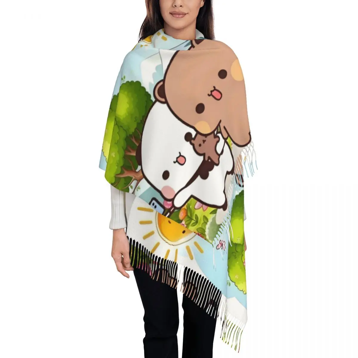 

Роскошный шарф с кисточками из мультфильма медведя Bubu Dudu, персик и гома, женские зимне-осенние теплые шали, женские шарфы с пандой в стиле аниме