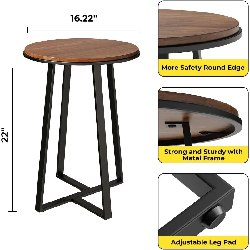 Round End Tables, Small Side Table Walnut Color MDF Top, Metal Frame Black, Tall End Table for Bed Room, Coffee Tea End Table