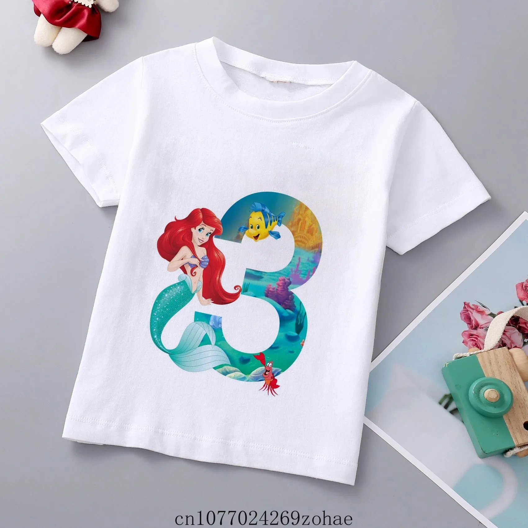 Disney New Brand Girls Mermaid Princess Print T Shirt Ariel Princess Tee Clothes Children Cartoon Top1-9Years Kids Birthday Wear