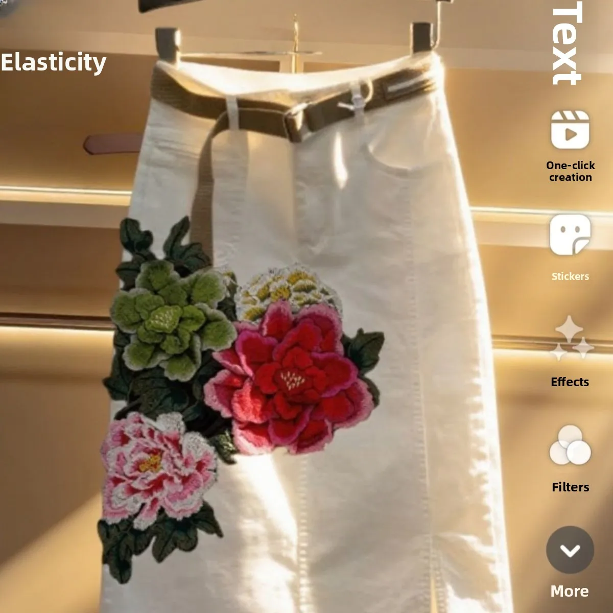 

High Waist Slimming Long Qipao Sle Embroidered Peony Spring Summer Denim Skirt Casual Wide Leg Pants High Waist Wide Leg Jeans