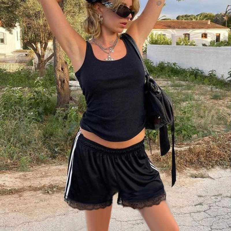 Biikpiik Seite gestreifte Spitze Streetwear Shorts für Frauen Kontrast farbe sportlich lässig elastische Taille kurze Hosen All-Match-Hosen