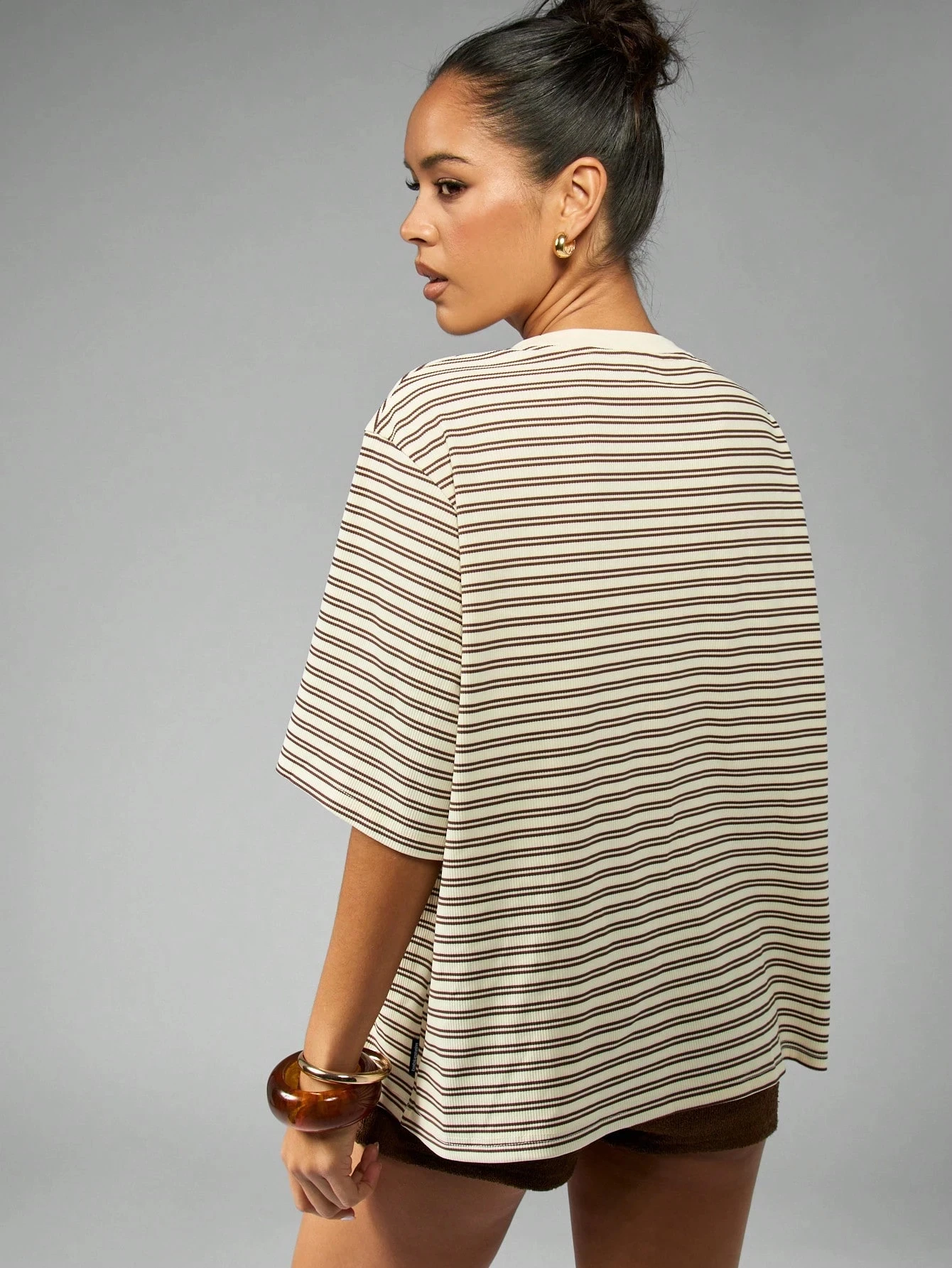 Women's Striped Loose Short Sleeve T-Shirt with Ribbed Collar Ultra-Light Comfortable Elastic Casual Versatile Ladies Top
