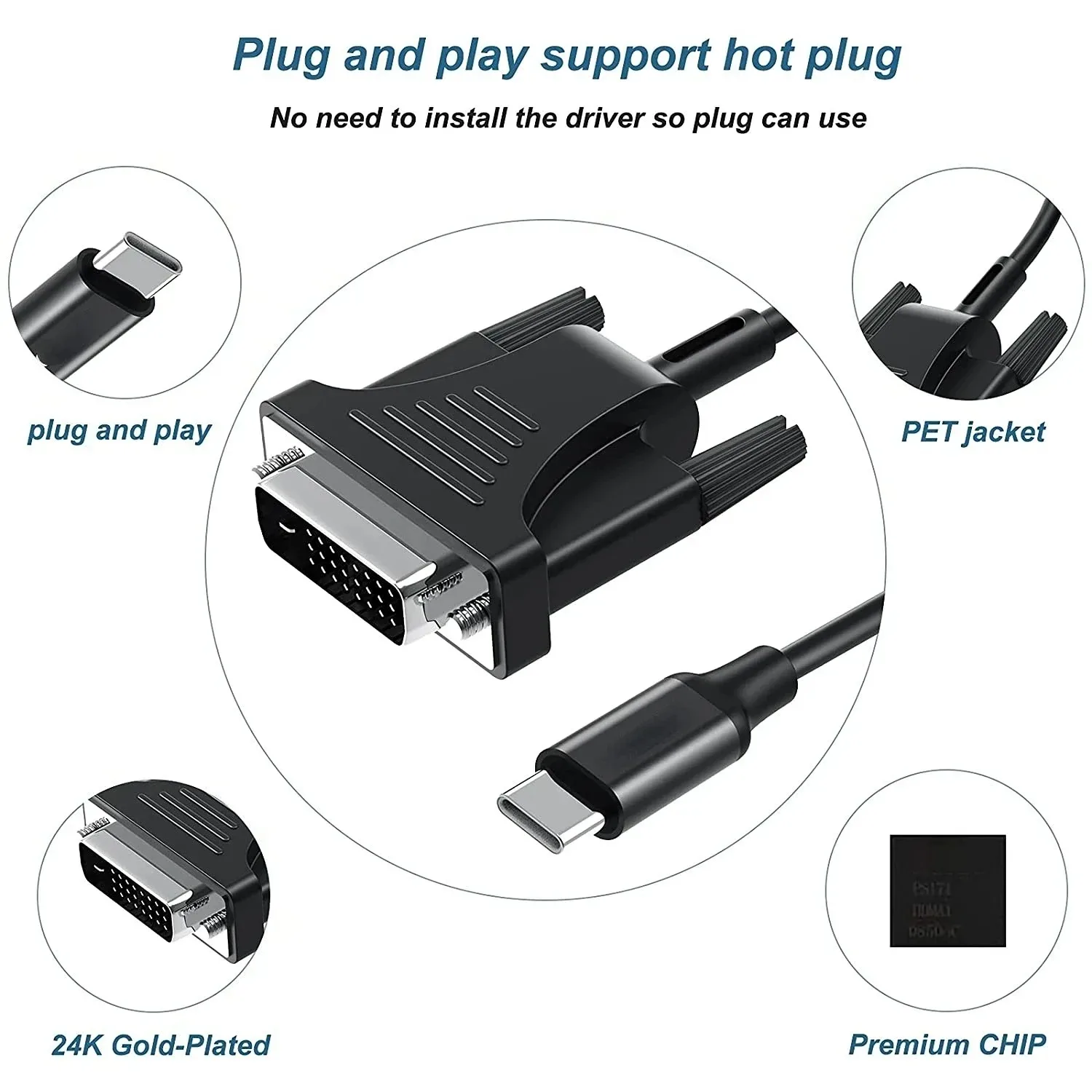 1080P USB C to DVI Cable Male to Male Type-C To 24+1/24+5 DVI Converter For Thunderbolt MacBook Pro Projector Monitor TV S8 S9 ﻿