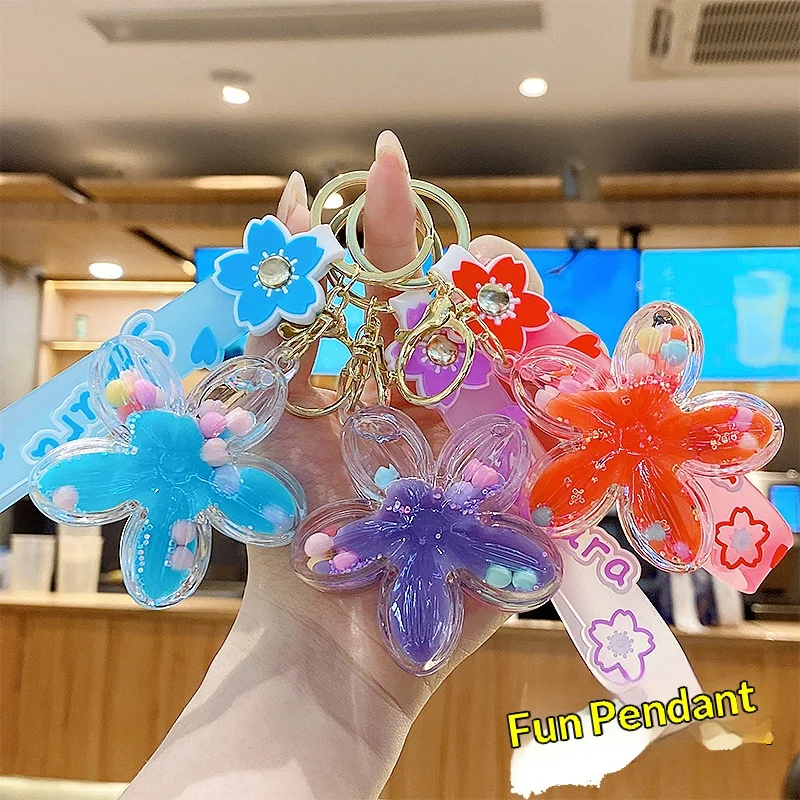 Sweet Eggplant Flower Bottle Keychain Flowing Oil-soaked Colored Beads Pendant Key Ring for Girl Women Car Bag Keyfob Gifts