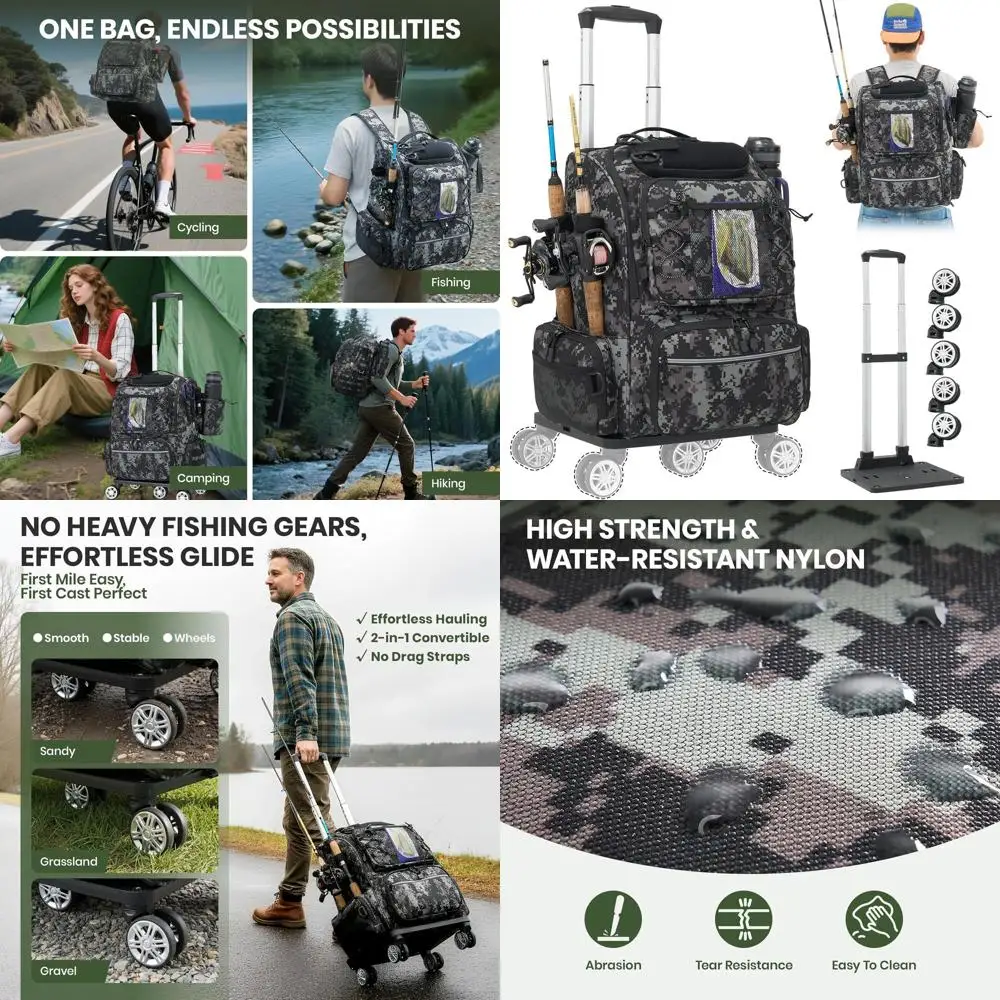 

Водонепроницаемый рыболовный рюкзак 2-в-1 на 48 л с 3 держателями для удочек, съемными колесами и телескопической ручкой — идеально подходит для мужского рыболовного снаряжения