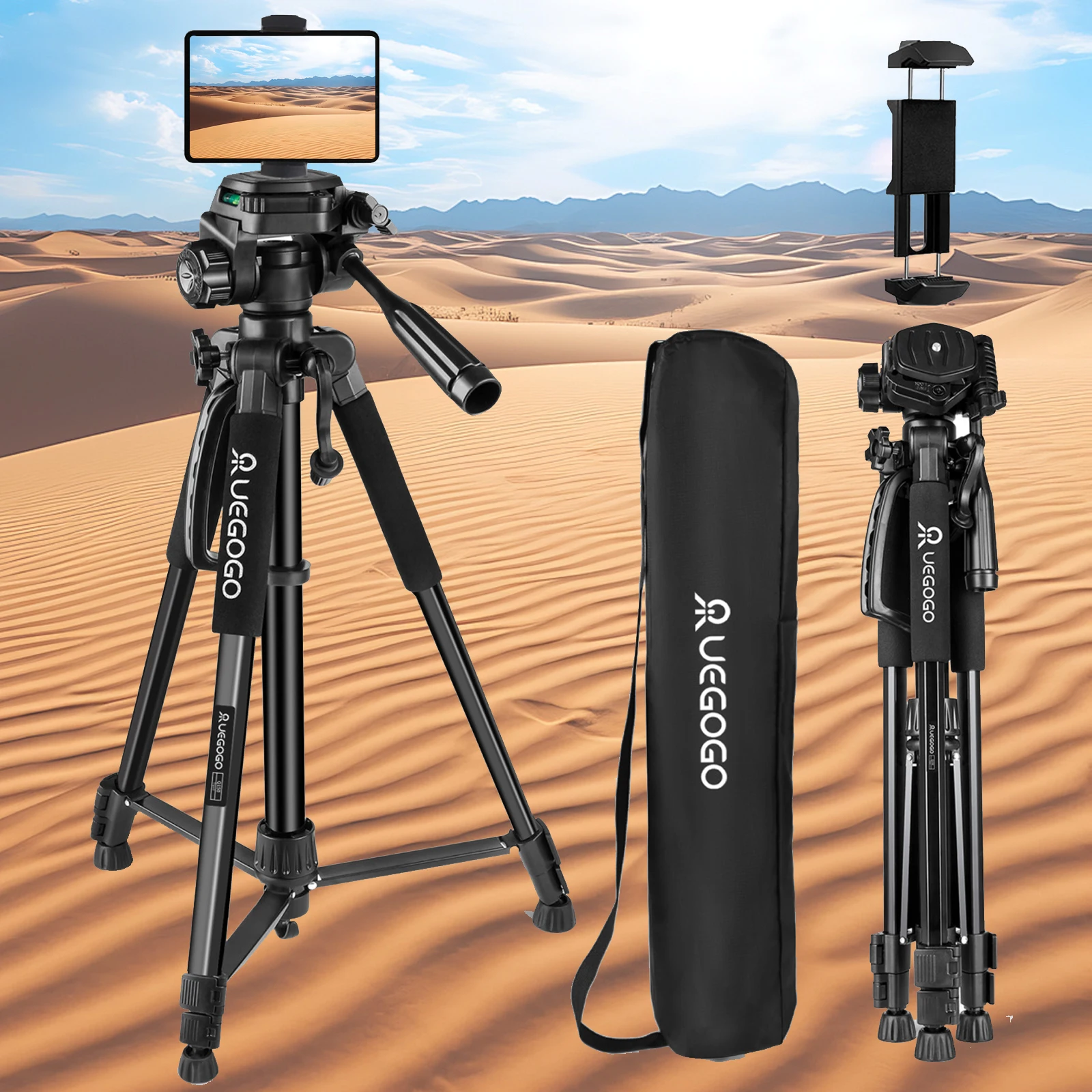 

60-inch camera tripod, with 1 T-Phone clip and 1 phone stand black tripod stand, smart tracking camera phone stand 365° rotation