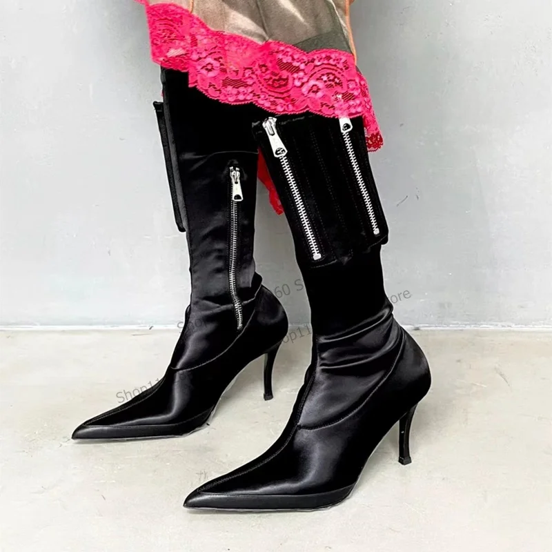 

Knee High Black Metal Zipper Pocket Decor Boots Stilettos High Heel Women Shoes Side Zipper Pointed Toe 2023 Zapatos Para Mujere