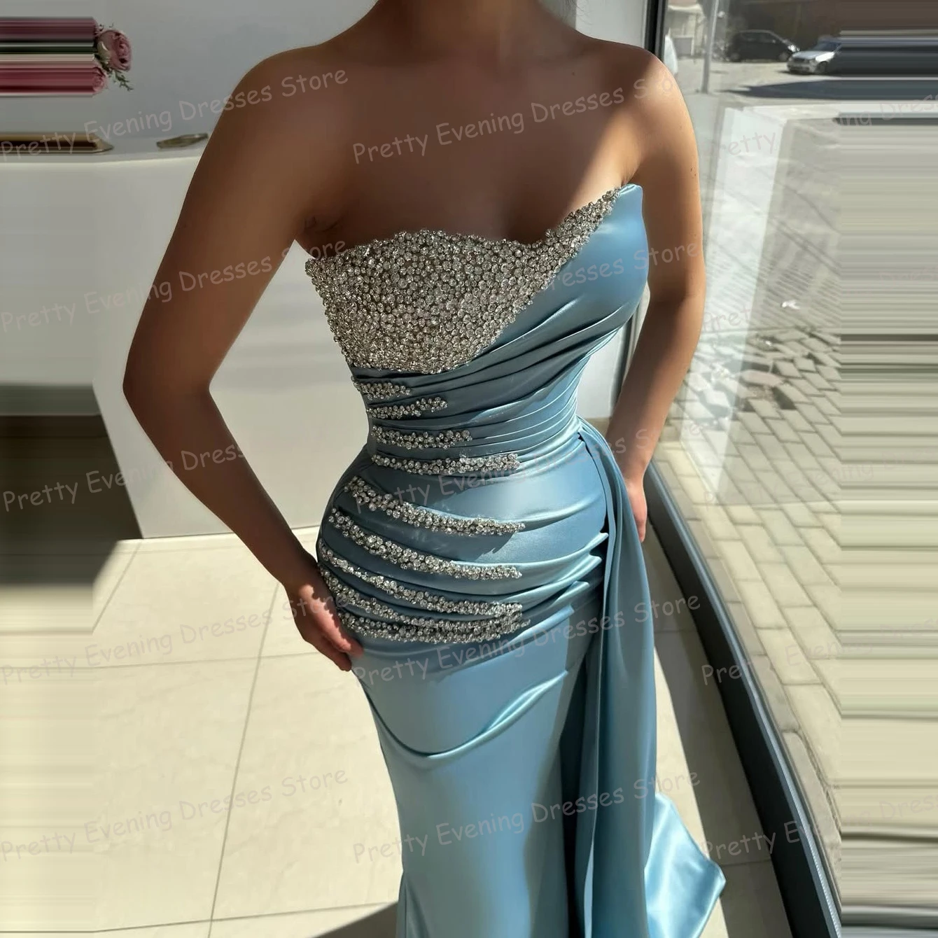 Luxury Sparkle Evening Dresses Mermaid Woman's Sexy Sweetheart Pleat Satin Sleeveless Prom Growns Fashion Customized Vestidos