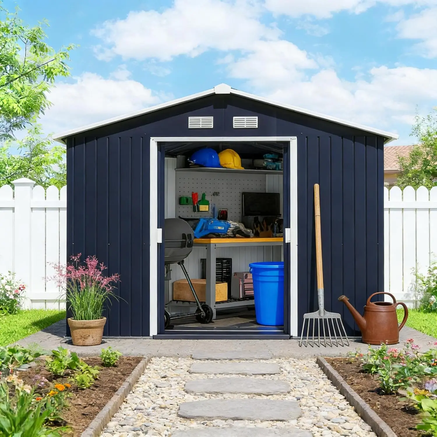 Galvanized Steel Garden Shed Outdoor Storage Sliding Door Ventilation Easy Assembly Foundation Kit, Customized