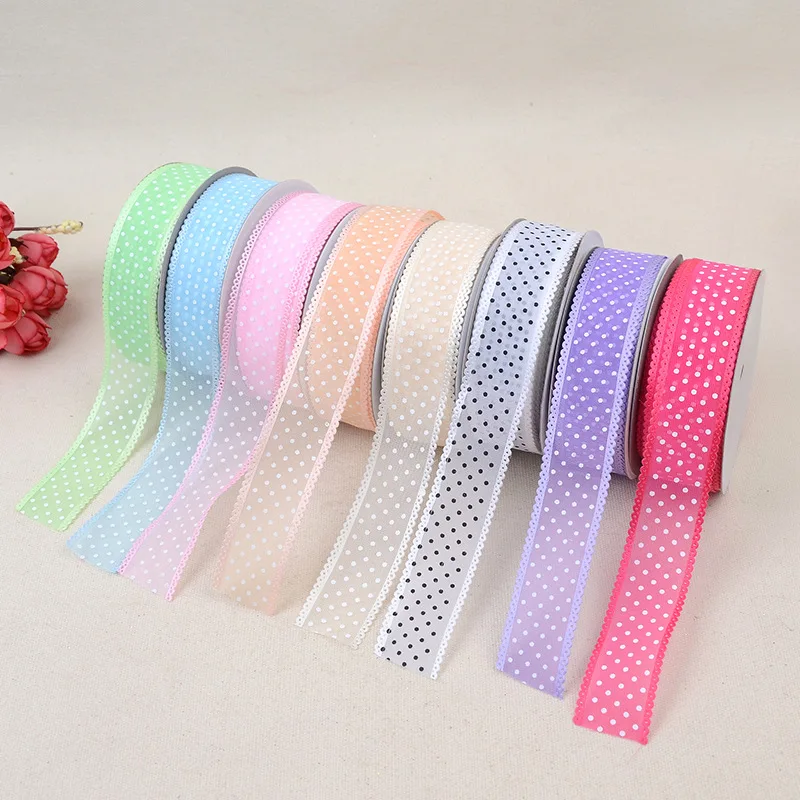 Width 25mm Dots Organza Ribbon for DIY Headwear Wedding Party Decoration Gift Wrap 5 Yards