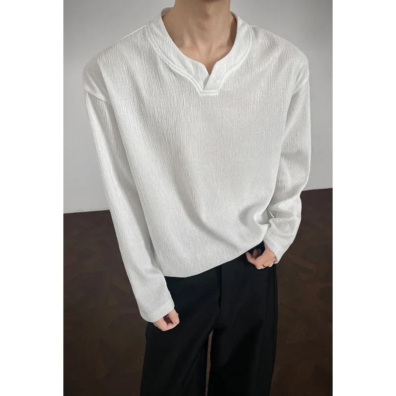Men Crinkle Pleated Notched V Neck Long Sleeve Top Soft Breathable Textured Material For Youth Minimalist Streetwear