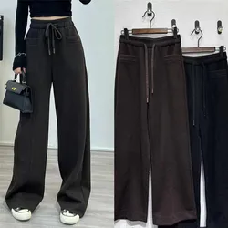 Women Wool Blend Straight Leg Pants Autumn Winter BC  Elastic Waist Drawstring Wide Leg Trousers Female