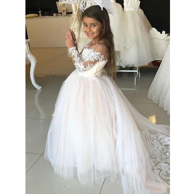 White Lace Child Flower Girl Dress Tulle Appliques Princess Floor Length for Wedding Party Baptism First Communion Gown