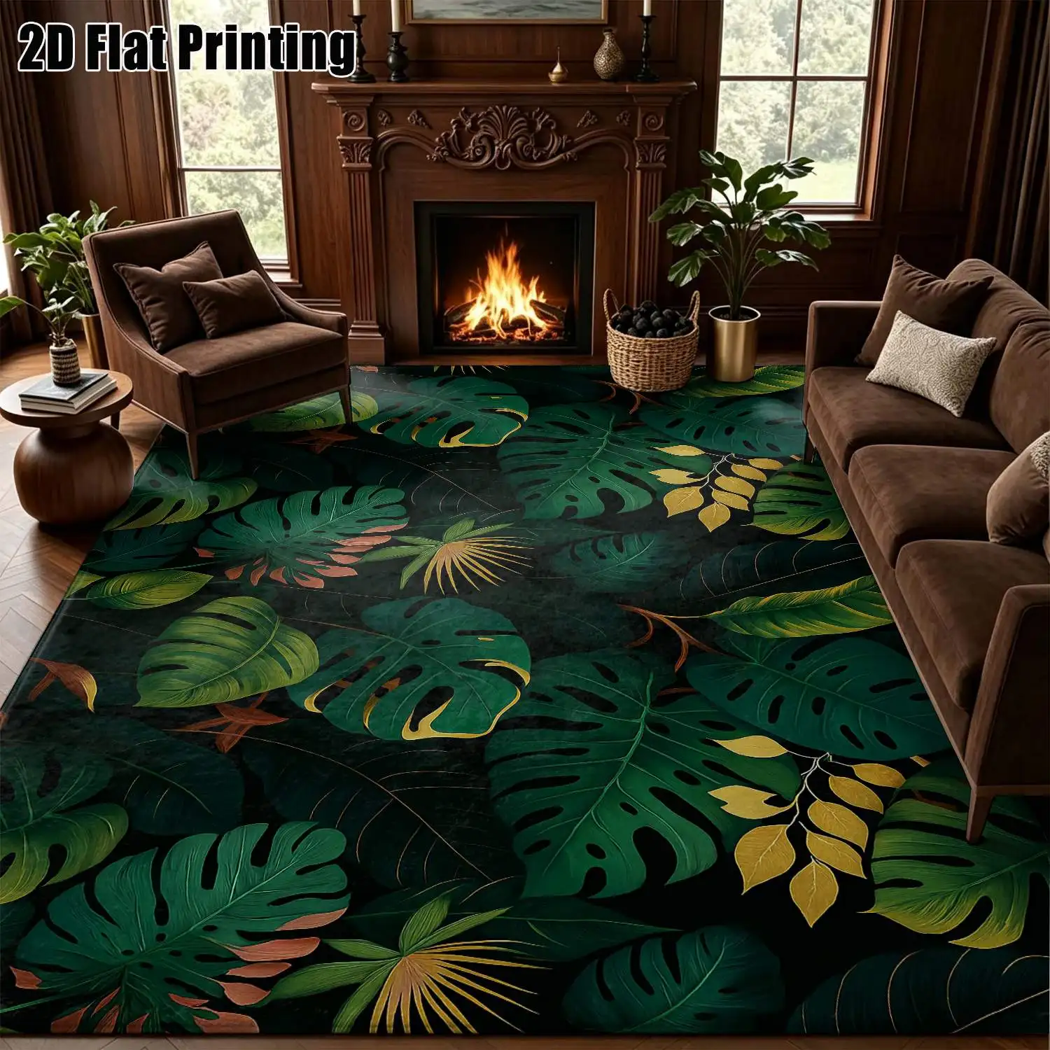 1Pc 2D Printed Deep Green Tropical Plant Leaf Carpet Instagram-Style Boho Vintage Nordic Floor Mat, Home Decor, Multi-Size, Machine Washable, Suitable for Entrance, Dining, Foyer, Bedroom, Living Room.