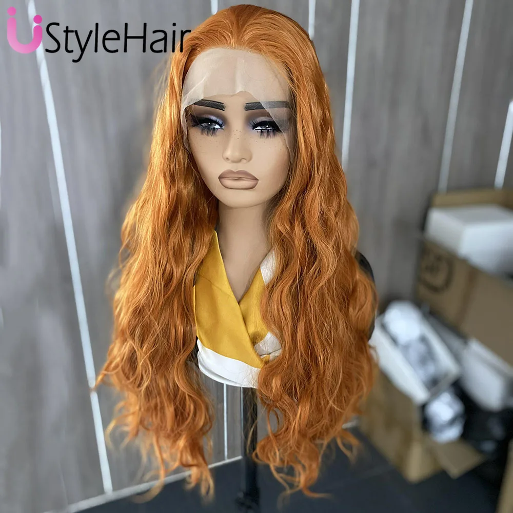 Wig Cosplay renda depan oranye Wig sintetis panjang alami gelombang Wig tampilan alami longgar keriting penggunaan sehari-hari Wig tahan panas