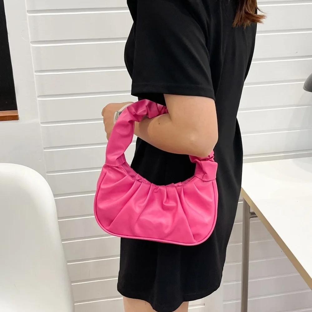 Classic Korean Style Pleated Handbag Phone Bag Crescent Moon Cloud Bag Single Shoulder Square PU Leather Underarm Bag Girl