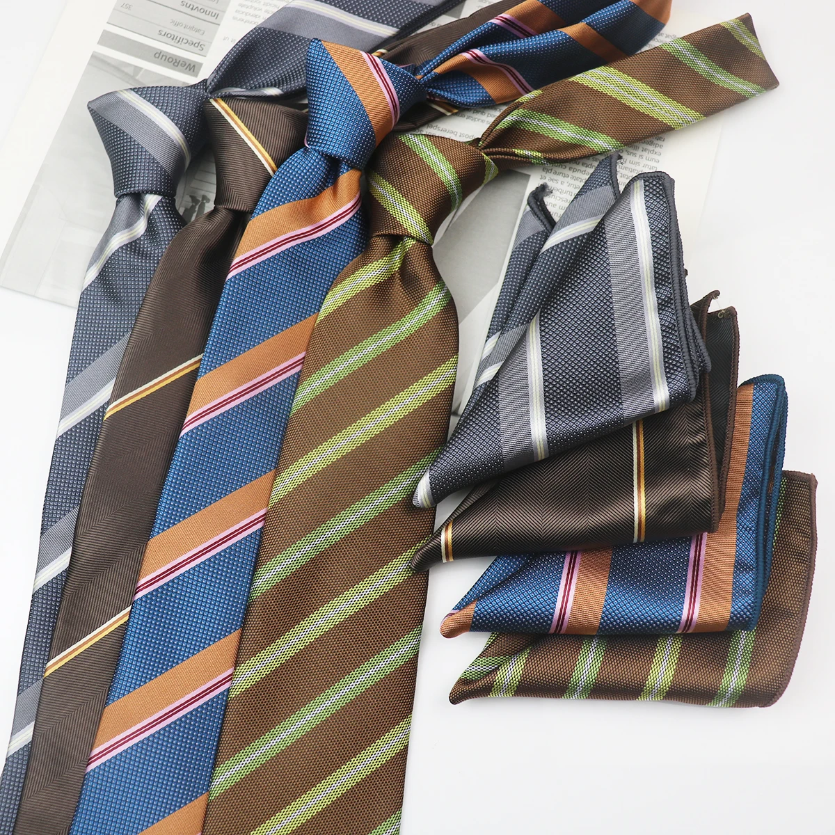 2PCS Neck Tie Set Classic Green Navy Striped Neckties Luxury Polyester Jacquard Pocket Square Wedding Party Groom Tuxedo Cravat