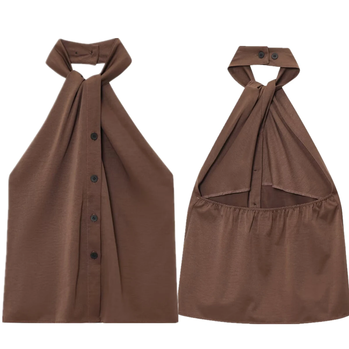 

Jenny&Dave French Lazy Coffee Color Backless Halter Neck Top Summer Beach Vacation Shirt For Women Cropped Blouse Women