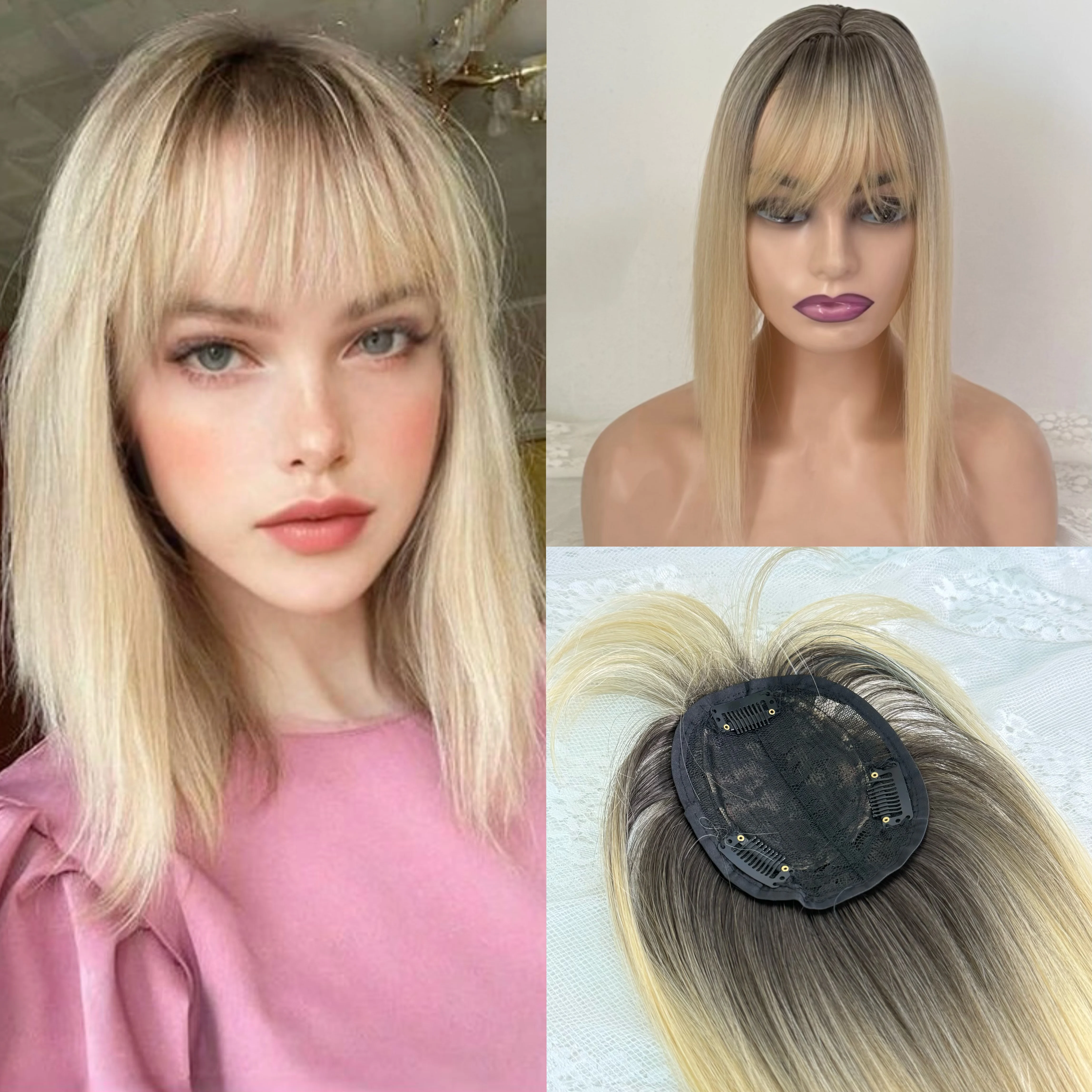 

Shiny Hair Boost-Synthetic 14”Topper With Bangs Crystal Shine Hair Clip-Enhance Hair Luster Stylish Beauty Accessory for Women