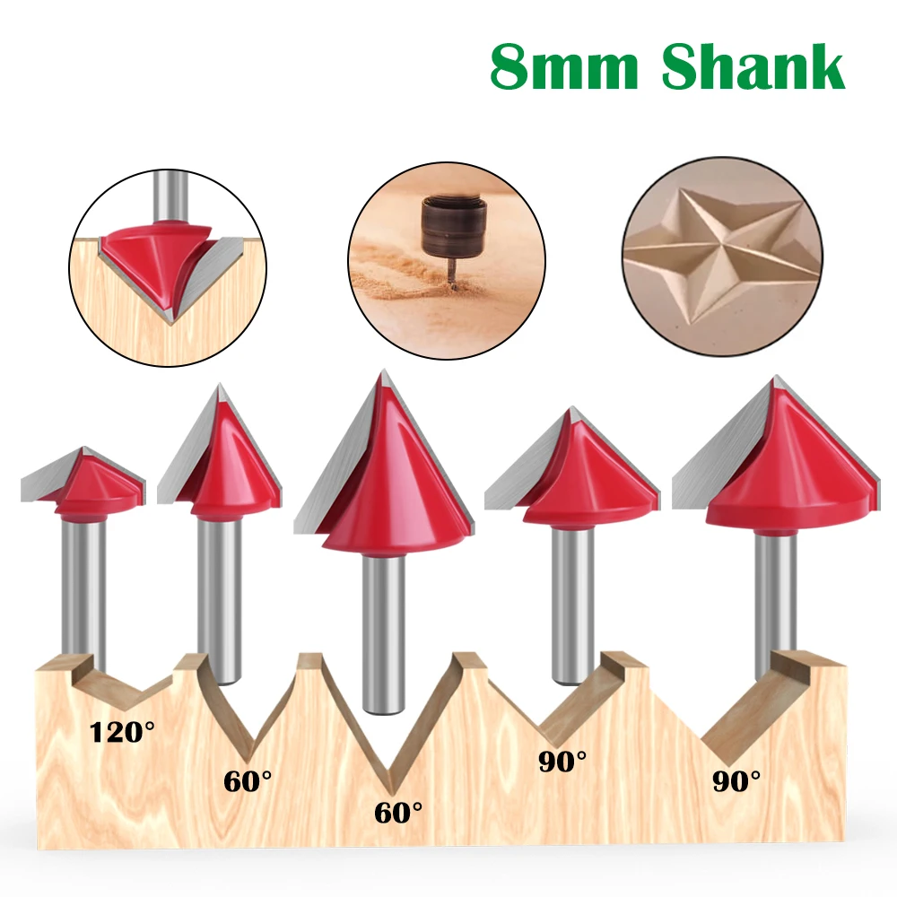 1PC 8MM Shank Milling Cutter Wood Carving 60 90 120 V Type Slotting Cutter Carving Grooving Tools Router Bit Set Safety Milling