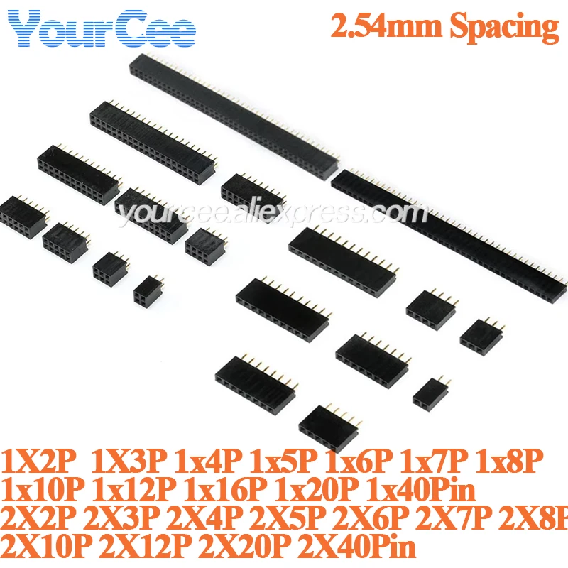 10pcs/lot 2.54mm Double Single Row Pin 2*2P 3P 4P 5P 6P 8P 10P 12P 20P 40P Straight Pin Female Header Strip Socket Connector