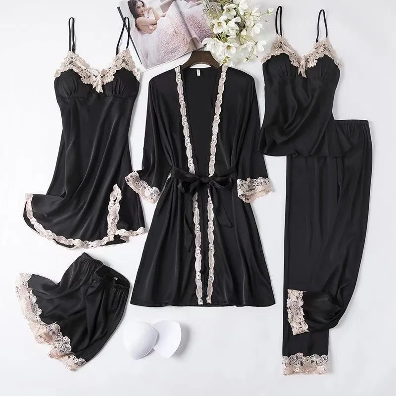 5pcs sleepwear and bathrobe set, silk, sexy, fashionable, lace, gold flower, thin spring and summer casual home wear