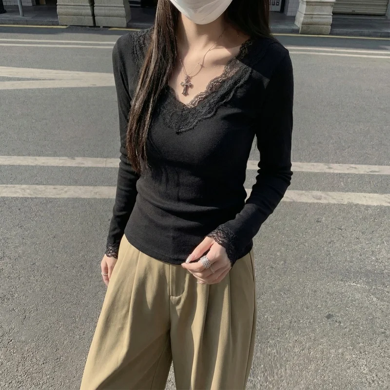 2026 Herbst Winter Damen T-Shirt V-Ausschnitt Spitzen-Top Weich Hautfreundlich Fleece-Gefüttert Langarm Thermo-T-Shirt für Layering – Detail 3