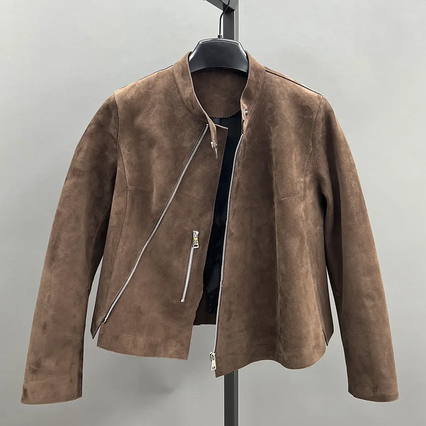 JANEFUR Giacca da donna primavera chic marrone corta in vera pelle di pecora autunno soprabito in vera pelle JFB6-25003