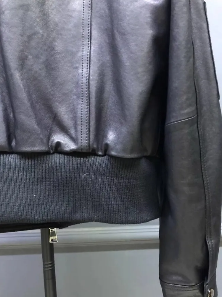 女性のファッションクラシックダブルジッパーターンダウン襟リアルシープスキンジャケット春秋ハイストリート本革アウター