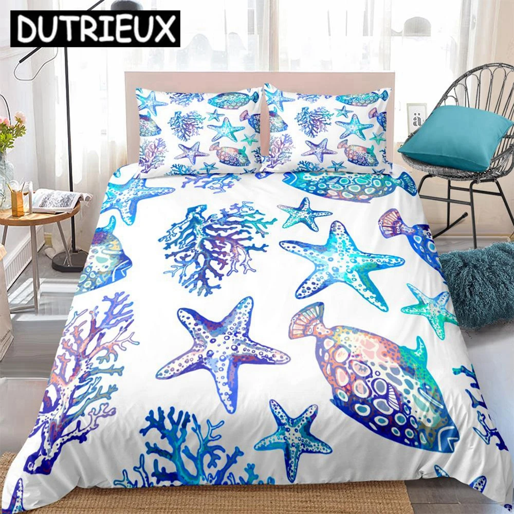 

Coral Starfish Bedding Set Duvet Cover Set 3-Piece Bedspreads Ocean Animals Kids Bed Cover Set Home Textile