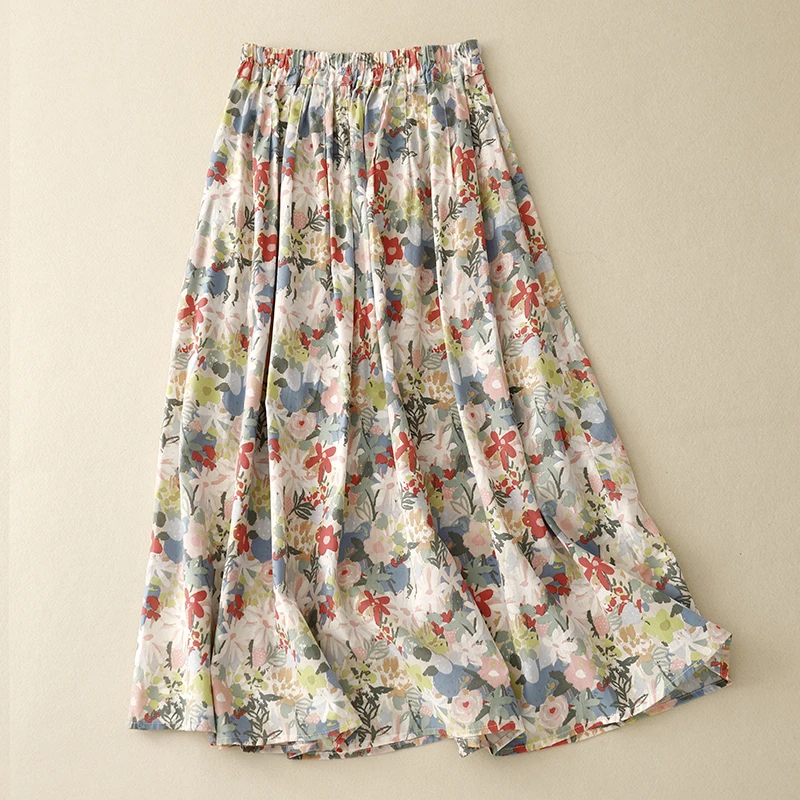 Retro Oil Painting Sle High Waist Slim A-Line Midi Skirt for Women Summer Floral Print Trendy Cotton Blend Casual Skirt
