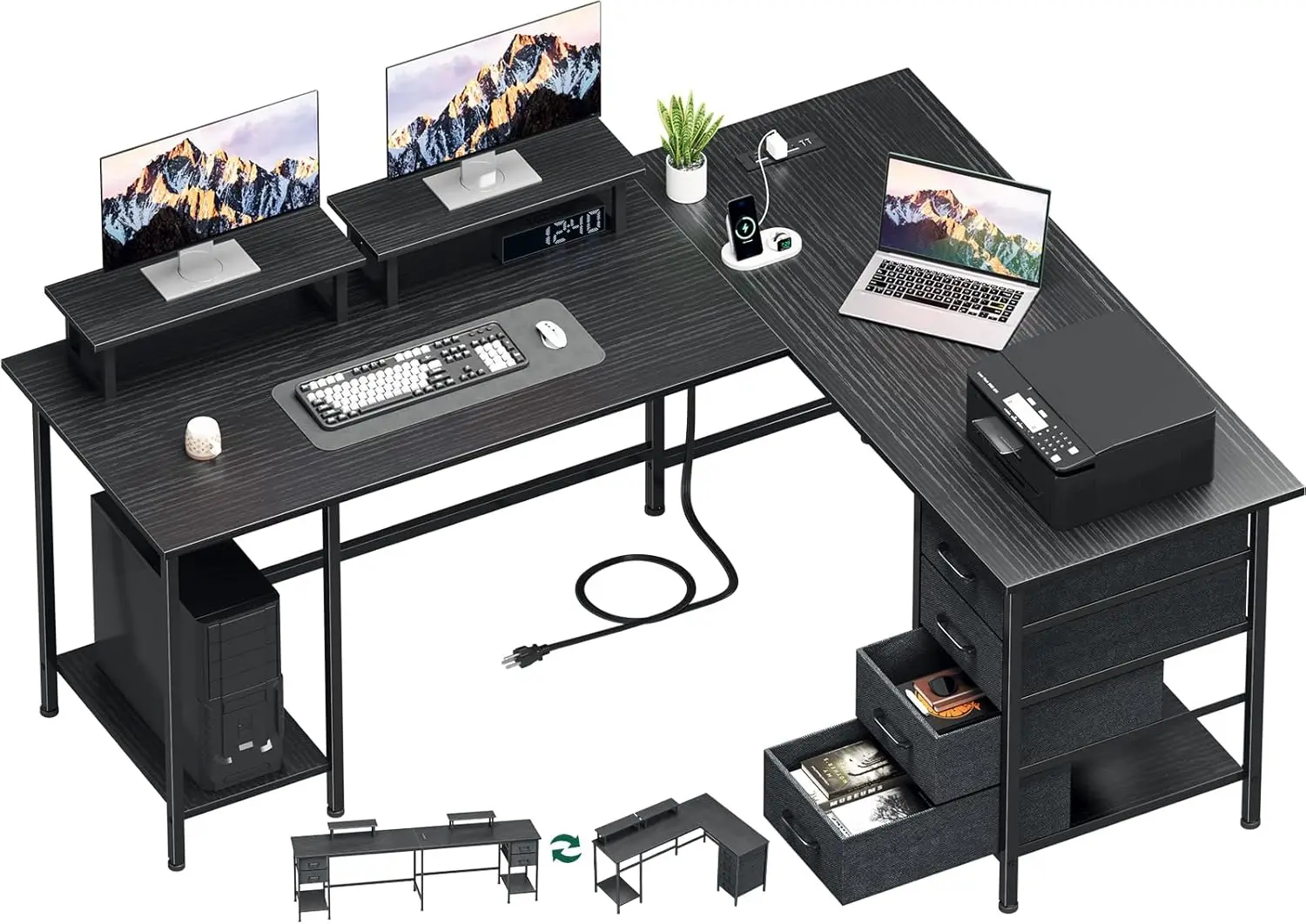 

59 inch L Shaped Computer Desk with Power Outlets, Home Office Desk with 4 Adjustable Storage Drawers & 2 Monitor Stands