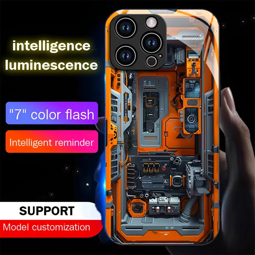 

Orange Chip Circuit Sound Music Control Led Light Phone Case Glowing Cover For iPhone 16 E 15 14 13 12 11 Pro Max X XR Plus SE