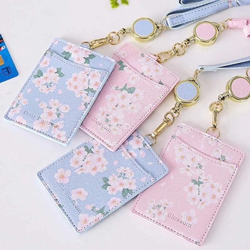 Kawaii Sakura Card Holder Lanyard Photocards ID Business Card Holder Portable Card Case Korean Stationery Office Supplies