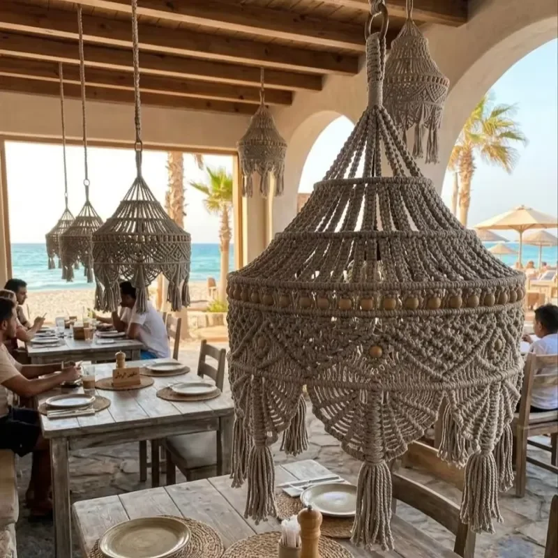 Large Woven Dome Shaped Macrame Lampshade Vintage Macrame Chandelier for Home & Commercial Space