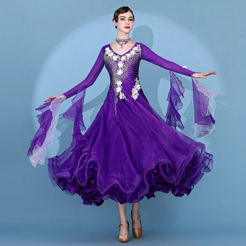 Alta qualidade feminino adulto longo dança wear jardim eterno trajes roxos personalizado vestido de dança de salão