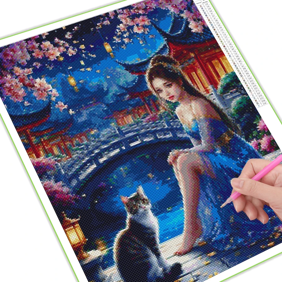 Fullcang Beautiful Girl and Cat Diy Diamonds Painting Kits New Collection Animals Full Mosaic Embroidery Picture Wall Decor