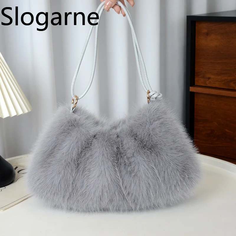 Damska jesienno-zimowa torebka z futerkiem, modna torebka ze sztucznego futra, jednolity kolor, duża pojemność, zapinana na zamek, puszysta torba na ramię/listonoszka.