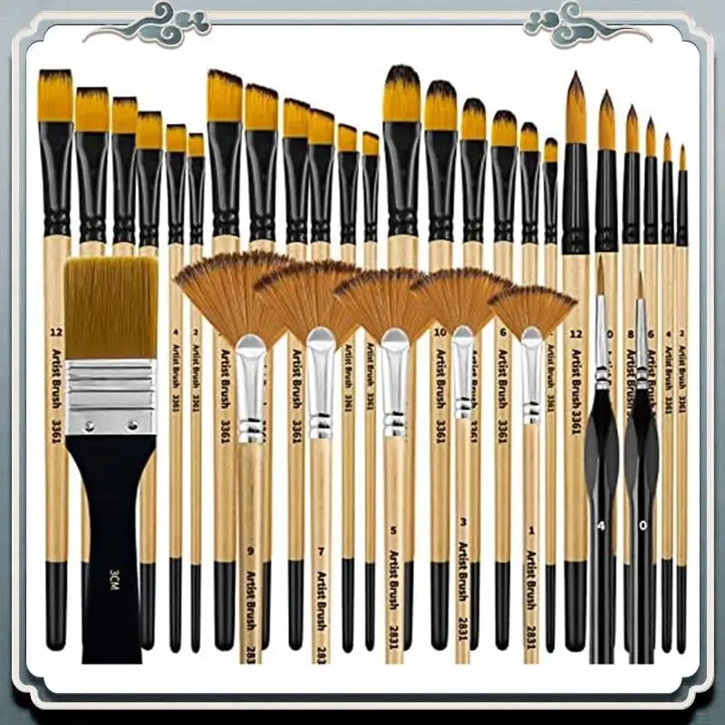 32 Pieces Paint Brush Set Artist Series Nylon Bristles With Round, Square, Flat, Fan Brush For Acrylic Painting, Oil
