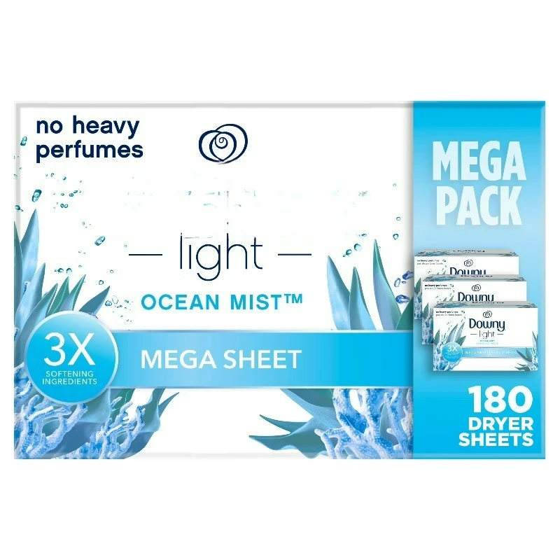 

Fabric Softener Dryer Sheets, Light, Ocean Mist Scent, 180 Mega Dryer Sheets