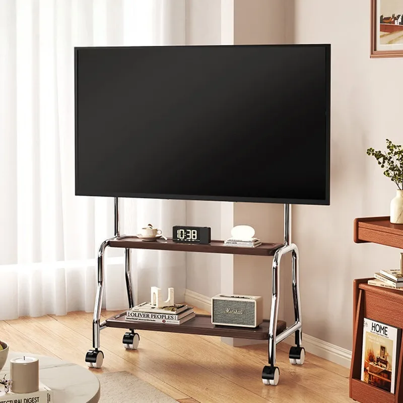Rolling Floor Mobile TV Stand Stainless Steel TV Supports Aesthetic Living Room TVs Rack Multifunctional TVs Shelves with Wheels