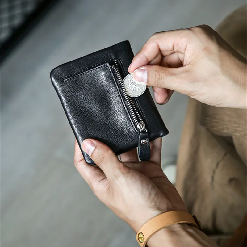 Casual first layer leather men women's black small purse organizer luxury soft real cowhide coin pocket minimalist wallet Girls