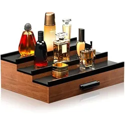 Wooden Cosmetic Organizer with Drawer and Hidden Layer Perfume Display Stand,Step-style Perfume Storage Box