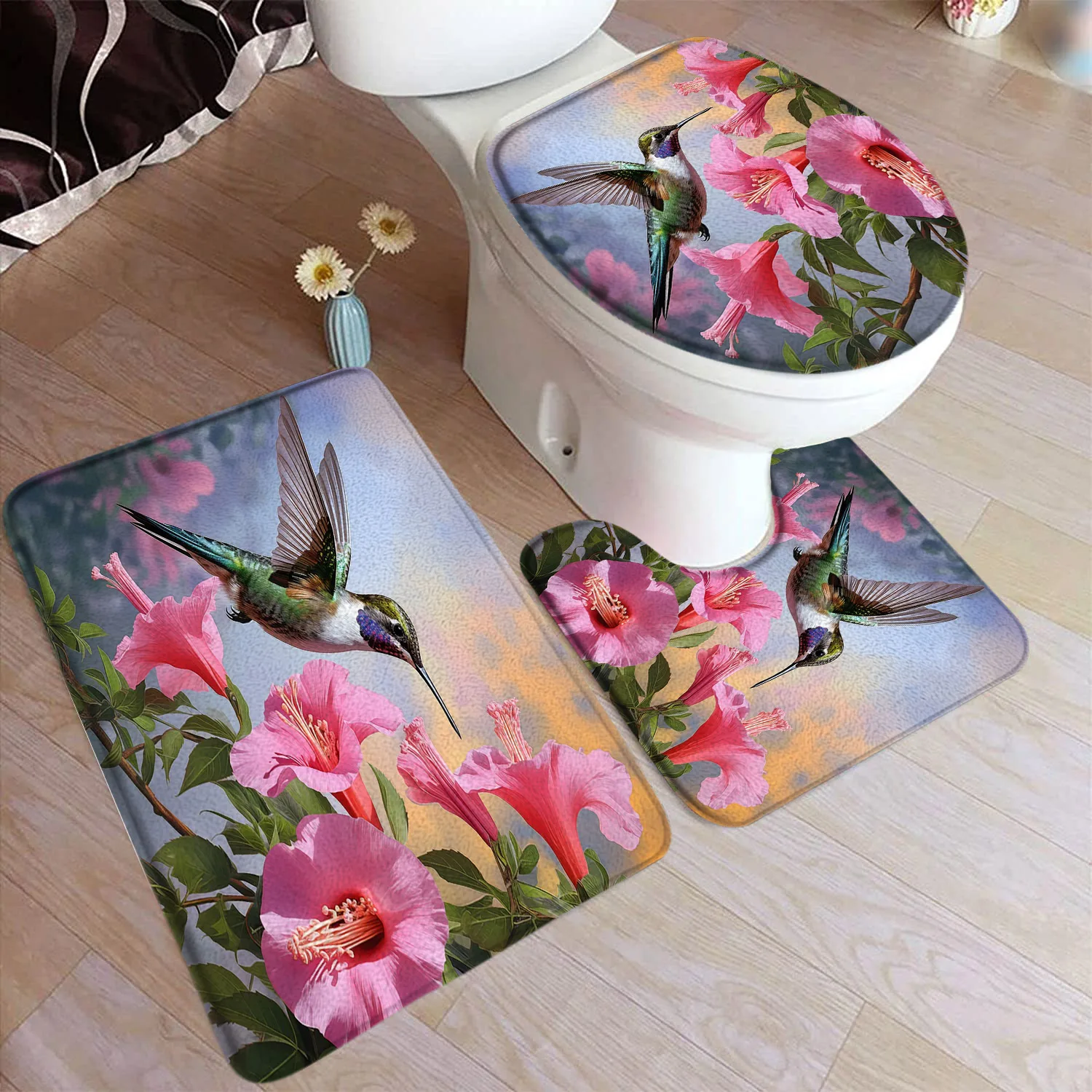 Hummingbird Bath Mat Set Rustic Pink Flowers Plants Birds Nature Scenery Home Carpet Bathroom Decor Floor Rugs Toilet Lid Cover