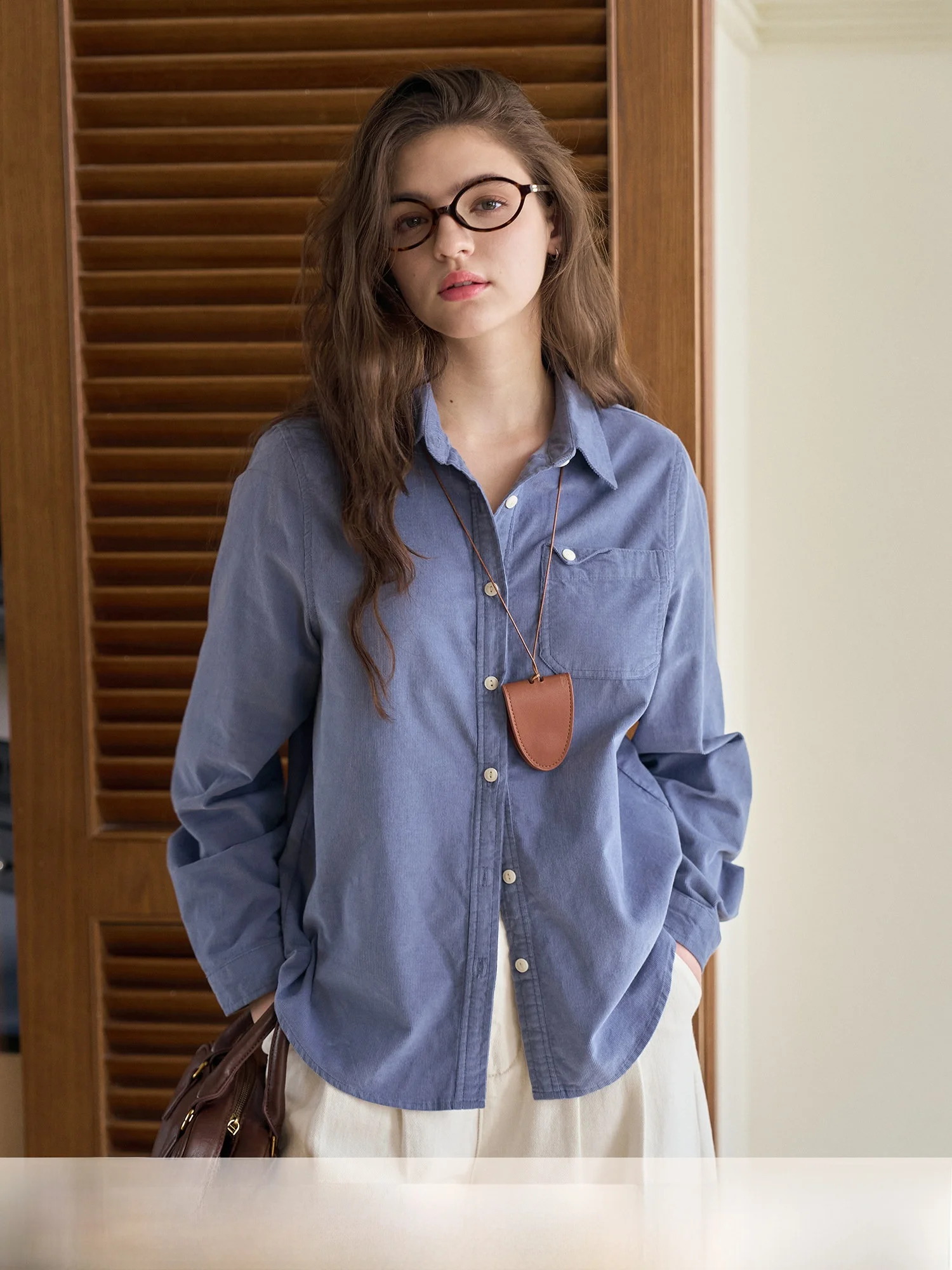 

Bruland Women's Vintage Sle Pure Cotton Velvet irt Layerable Classic Blue Color Slimming Long Sve Button up Top