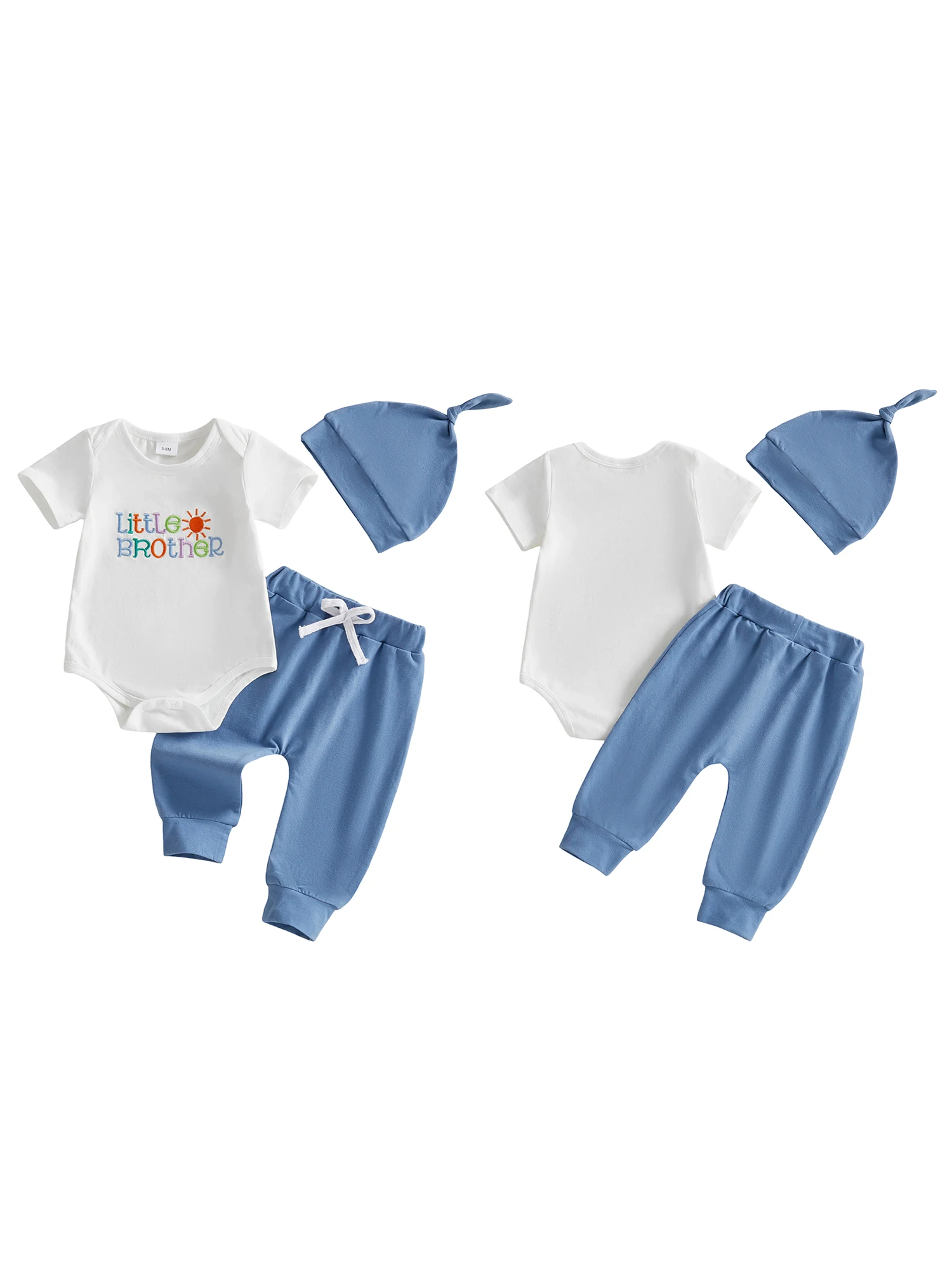 

Trendy Baby Boys 3-Piece Outfit Set with Short Sleeve Romper Pants and Hat Featuring Stylish Embroidered Letters